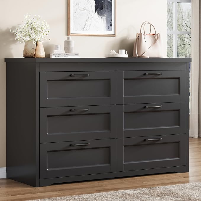 Jocoevol Black 6 Drawer Dresser for Bedroom, 47.2" Modern Chest of Drawers | Wooden Storage Dresser with Mental Handle, Large Double Dresser with 5.9" Deep Drawers for Living Room, Hallway Entryway