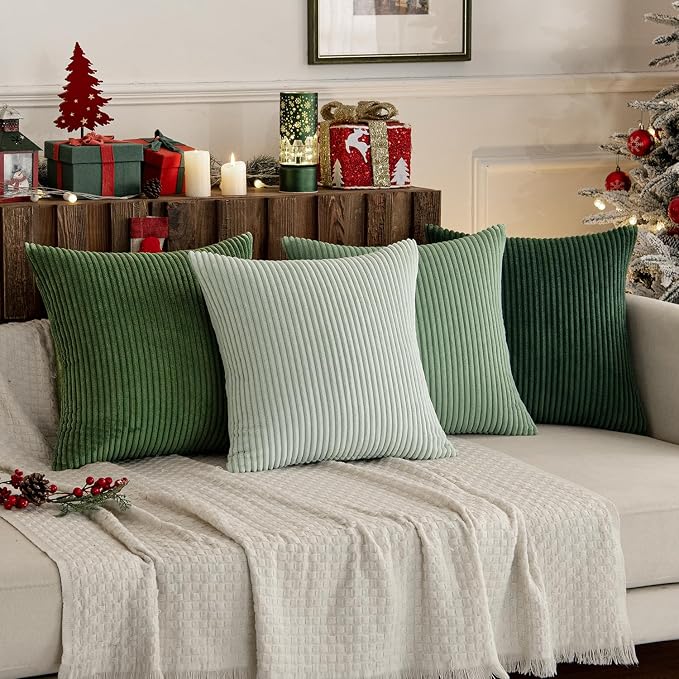 MIULEE Soft Corduroy Decorative Throw Pillow Covers Forest Green 22x22 | Set of 4, Mordern Nordic Home Decor, Gradient Color Matching, Boho Farmhouse Cushion Covers for Couch Bed Sofa Living Room