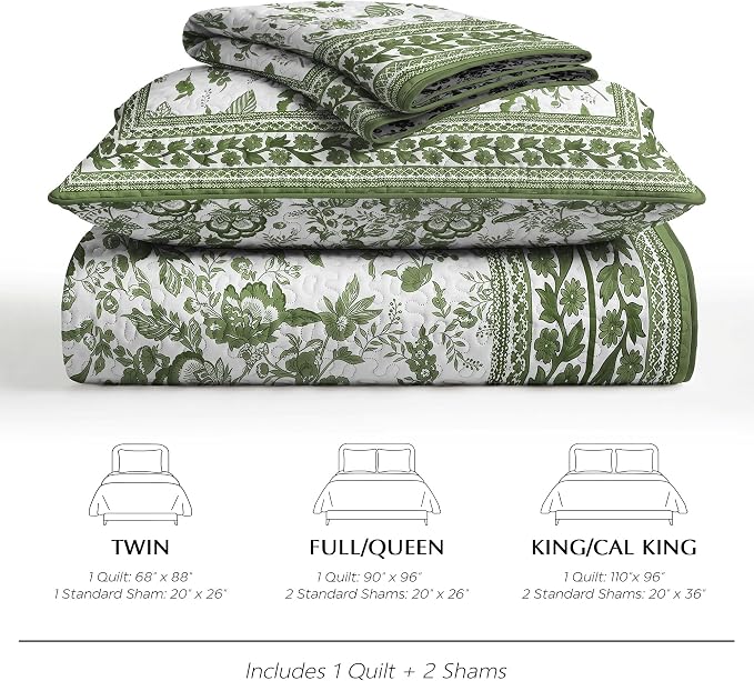 FLYMME Green Vintage Floral Quilt Set King/Cal King Size, 3-Piece Classic Reversible Bedspread Coverlet with 2 Pillow Shams, Lightweight Botanical Bedding Set for All Season