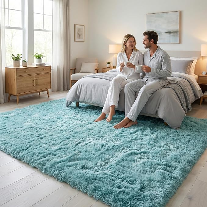 Soft Modern Indoor Large Shaggy Rug for Livingroom Bedroom Dorm Kids Room Home Decorative, Non-Slip Plush Fluffy FurryFur Area Rugs Comfy Nursery Accent Floor Carpet 8x10 Feet, Turquoise Green