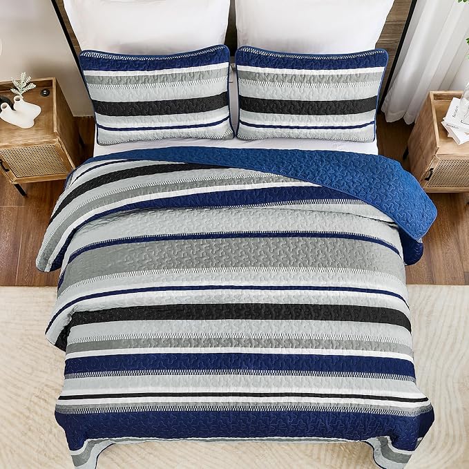 WONGS BEDDING Full Striped Quilt Set, Navy Blue Lightweight Bedspread | Lightweight Microfiber Coverlet, Breathable All-Season, Machine Washable, 3-Piece Set 90"x78", Great for Men Boys Dorm Room