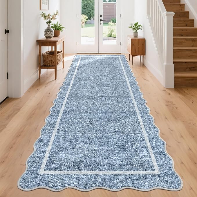 GarveeHome Scalloped Washable Runner Rug 2x10 Non Slip Kitchen Rugs, Blue | Modern Blue Indoor Entryway Rug Farmhouse Soft Bath Mat Stain Resistant Carpet for Bedroom Hallway Laundry