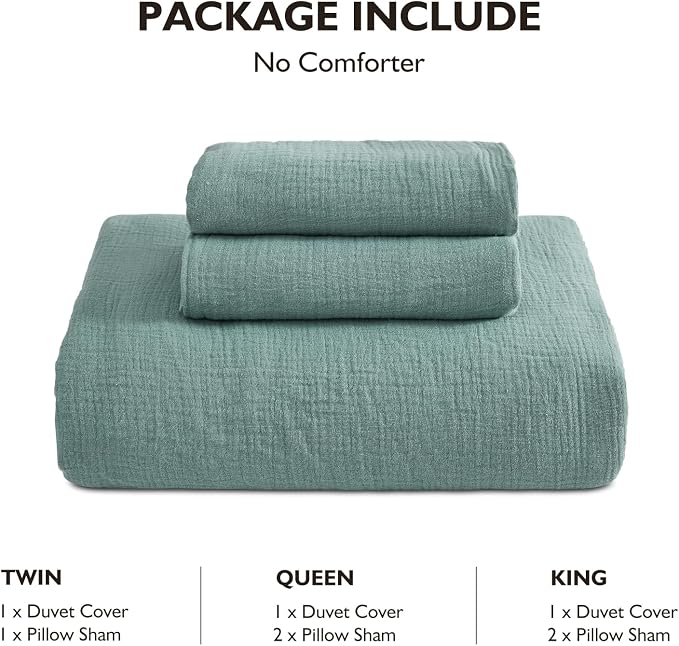EMME Muslin Cotton Duvet Cover Set Teal King Size Linen Like Soft Breathable Lightweight Summer Comforter Cover Set with Zipper Closure (Teal, King, 104"x90")