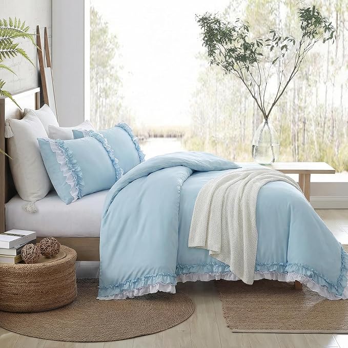 Bedrom Light Blue Duvet Cover King Ruffled Bedding Set Elegant Ruffle Lace Bedroom Decor Shabby Chic Farmhouse Style Blue Boho Duvet Cover Set