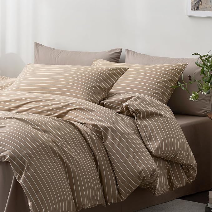 JELLYMONI 100% Cotton Wide Striped Queen Duvet Cover Set, White/Tan | Classic Stripes, 8 Corner Ties & Double-Head Hidden Zipper, Breathable and Soft, For Any Master Bedroom