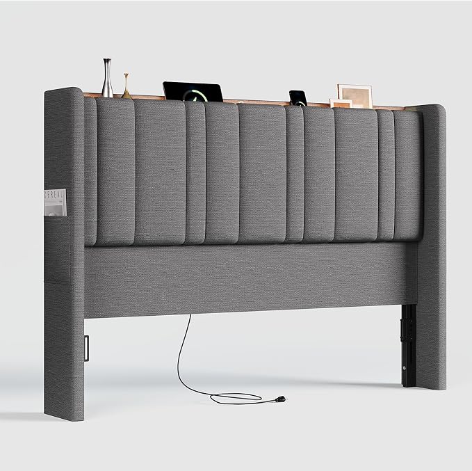 ONBRILL Queen Size Headboard with Storage, LED Light, Grey | Linen Vertical Wingback Headboard w/ Charging Station, Upholstered Head Board w/ High-Density Foam Padding, 2 Storage Pockets