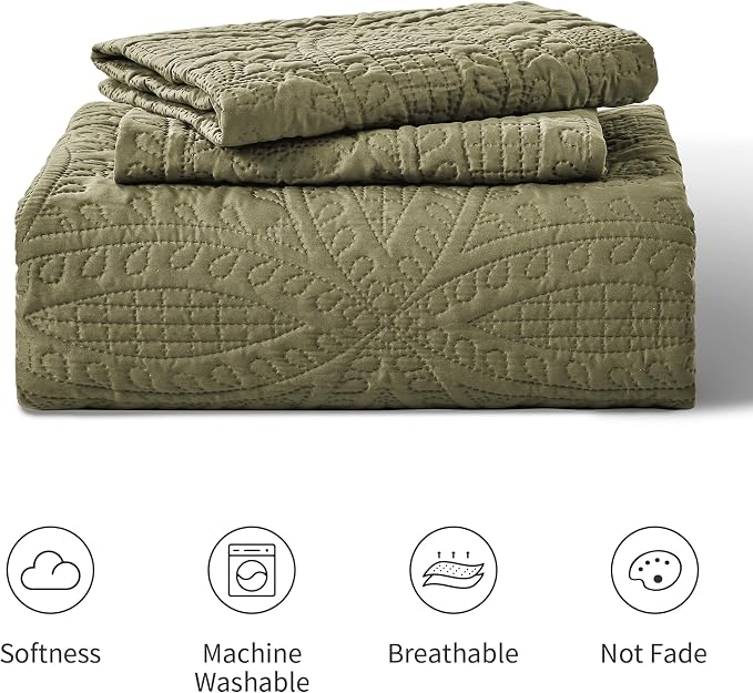 Love's cabin Quilts for Full Bed Green Bedspreads Bedding Set - Lightweight Bedspread Comforter - Coin Pattern Bedding Coverlet for All Season - 3 Pieces (1 Quilt, 2 Pillow Shams)