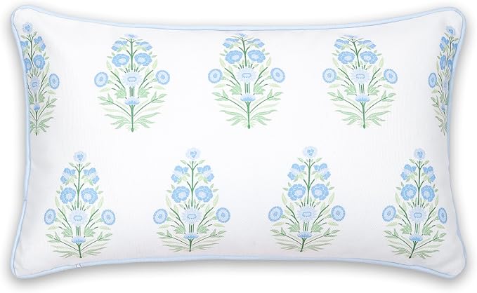 Hofdeco Premium Coastal Patio Indoor Outdoor Lumbar Pillow Cover Only, 12"x20" Water Repellent for Backyard, Couch, Baby Blue Green Floral with Piping