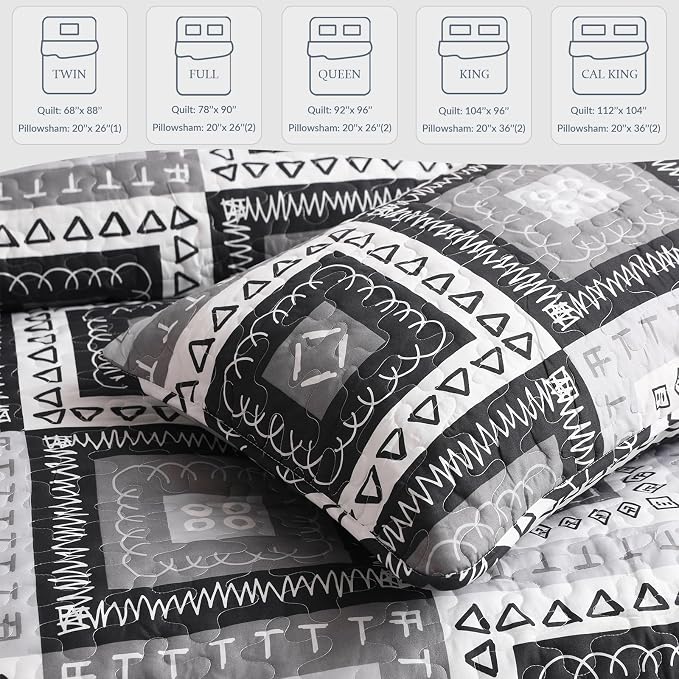 Exclusivo Mezcla Reversible Boho Quilts Full Size Black | Lightweight Soft Bedspreads, All Season Patchwork Coverlet Bedding Set, Printed Floral Pattern, 1 Quilt and 2 Pillow Shams