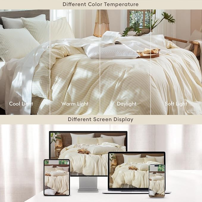 MooMee Striped Duvet Cover Set 100% Washed Cotton Linen Like King | Relaxed Linen-like Texture. Soft, Breathable & Long-lasting Comfort. Lightweight. Hidden Zipper with 8 Interior Corner Ties