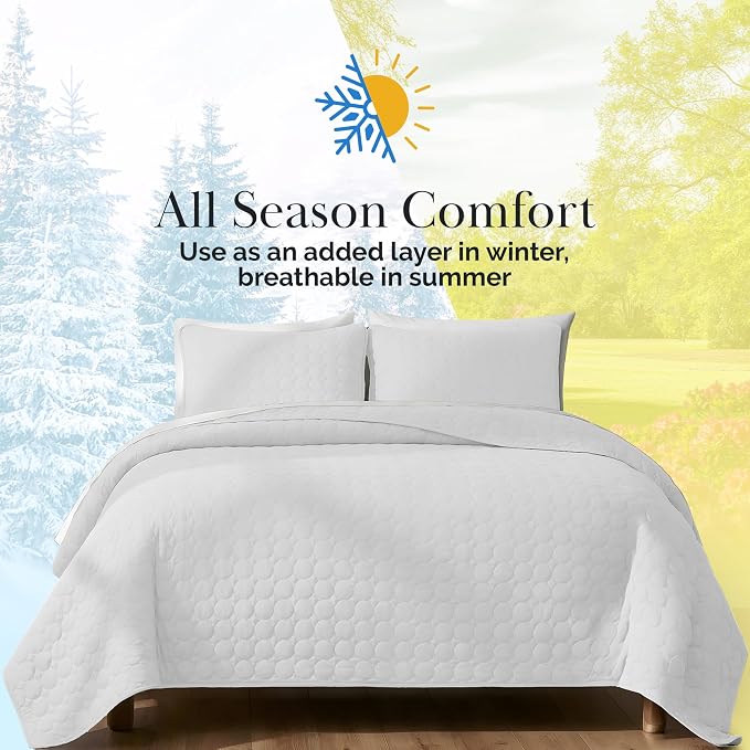 Southshore Fine Living, Inc. King Size White Quilt Bedding Set with 2 Pillow Shams, Quilted Summer King Size Light Weight Bedspread, California King Quilt Coverlet, Bright White
