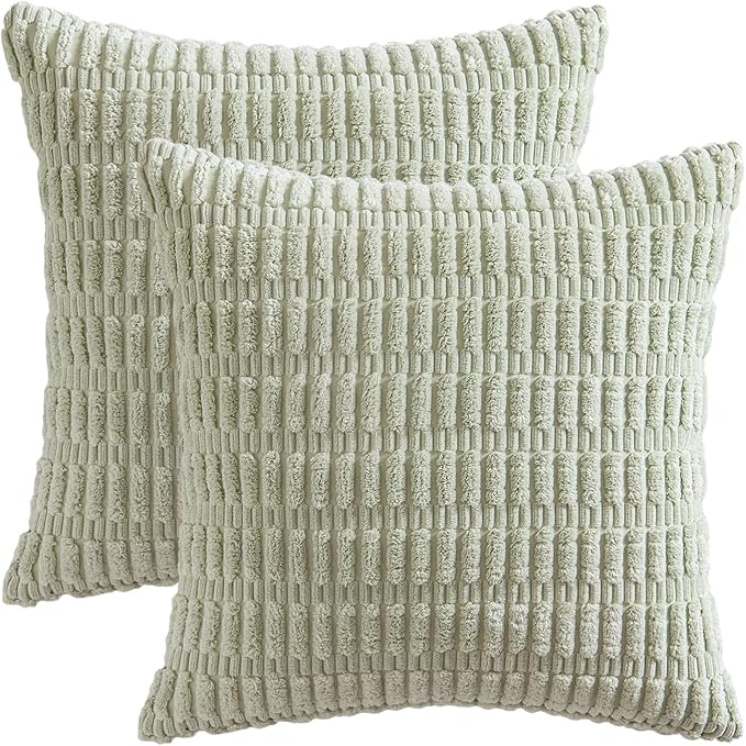 MIULEE Euro Sham Corduroy Decorative Throw Pillow Covers 24x24 Light Green | Pack of 2 Soft Boho Striped Pillow Covers Modern Farmhouse Home Decor For Sofa Living Room Couch Bed
