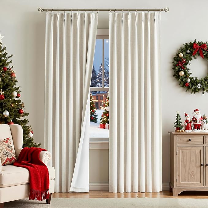 Vision Home Natural Pinch Pleated Full Blackout Curtains Linen Blended Room Darkening Window Curtains 102 inch for Living Room Bedroom Thermal Insulated Pinch Pleat Drapes with Hooks 40" Wx102 Lx2