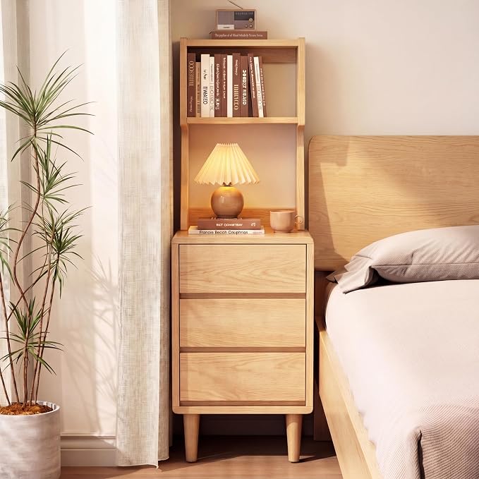 Solid Wood Bookshelf Nightstand Combo, Tall Nightstand with Bookshelf | Oak Nightstand Bookshelf,Narrow Nightstand with Drawers,Open Shelf Bookcase,for Bedroom,Living Room,Offices