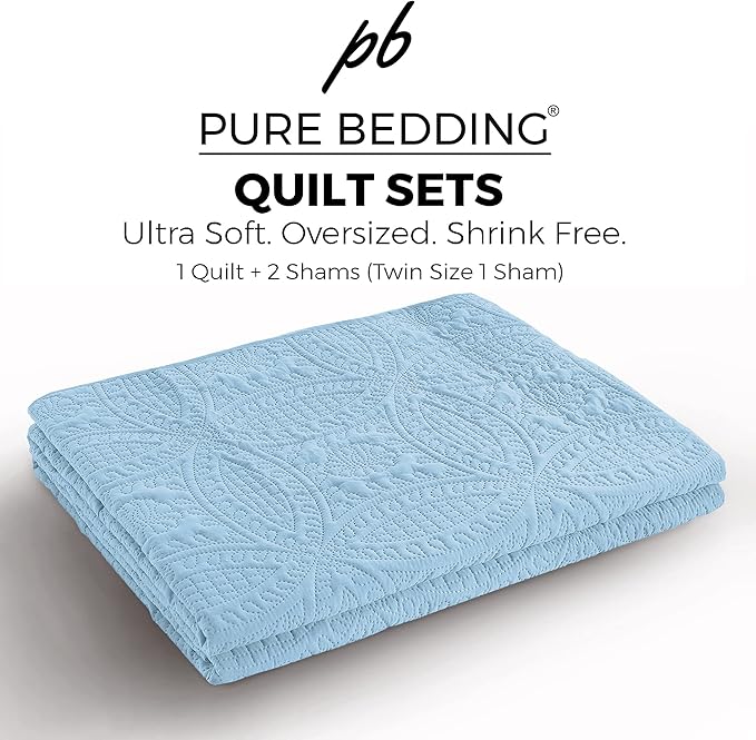 Quilt Set King/Cal King/California King Size Sky Blue - Oversized Bedspread - Soft Microfiber Lightweight Coverlet for All Season - 3 Piece Includes 1 Quilt and 2 Shams, Geometric Pattern