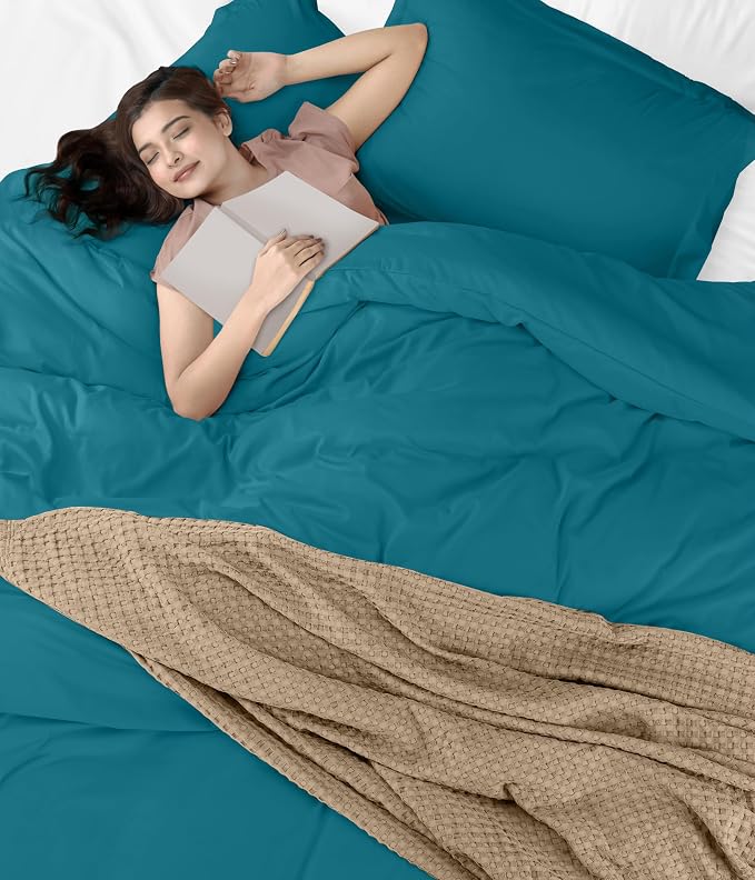 Duvet Cover Queen, 3 PC Cotton Like PolyesteR, Zipper Closure, Denim Blue | Extra Soft and Breathable, Wrinkle & Fade Resistant, Includes Duvet Cover and 2 Pillow Shams, Comforter Not Included, OekoTex