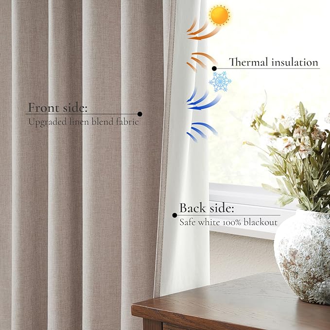 140 Inches Extra Wide Curtains (Each W70xL102x2) Linen Farmhouse Insulated Thermal Large Window Heavy Duty Draps for Summer Heat Patio Sliding Door 100 Percent Blackout Hook Belt(W70xL102x 2Panels)