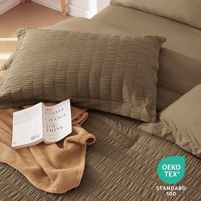7 Pieces Oversized Queen Comforter Set, Seersucker Bed in a Bag Oversized Queen Size, All Season Luxury Bedding Set with Comforter, Flat Sheet, Fitted Sheet, Pillowcases & Shams, Brown
