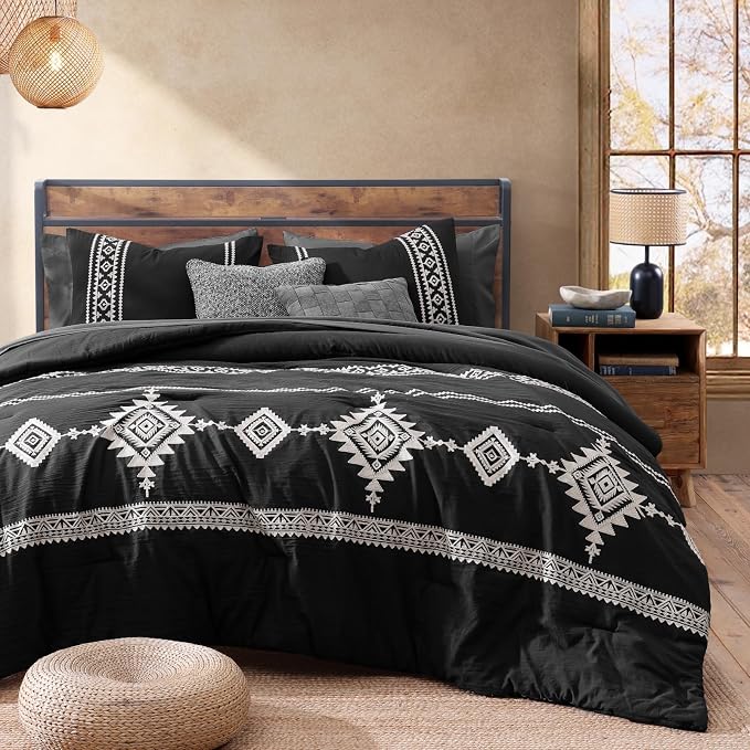 MaiRêve Embroidery Oversized Queen Comforter Set 7 Pieces Bed in a Bag | Black Western Boho Bedding Sets Farmhouse with Comforter, Sheets, Pillowcases & Shams