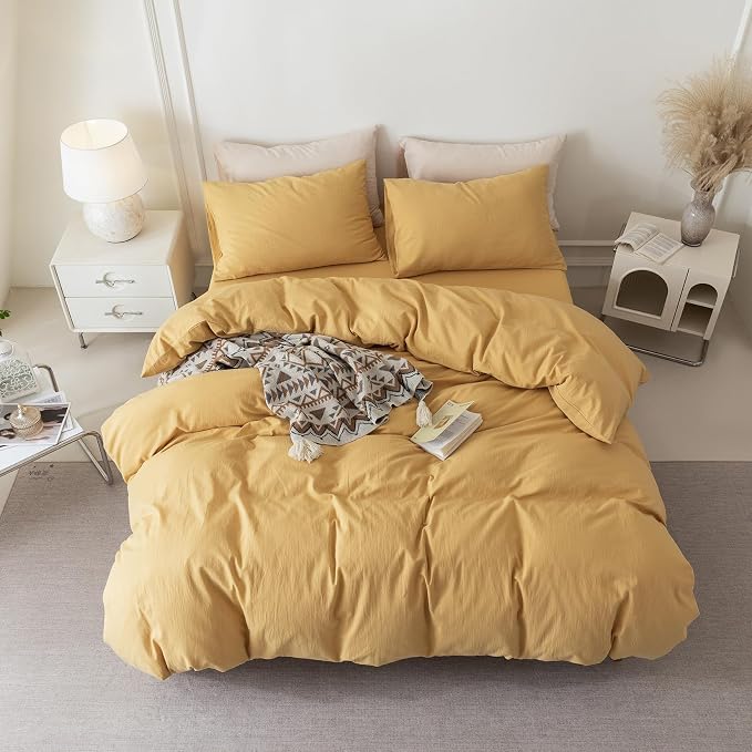 BDEAR 3Pcs Ginger Yellow Duvet Cover Set King Size 104" W x 90" L, Oeko TEX | 100% Washed Cotton, 1 Duvet Cover with 2 Pillowcases, Zipper Closure, 8 Corner Ties,Linen-Liked Texture, Skin Friendly