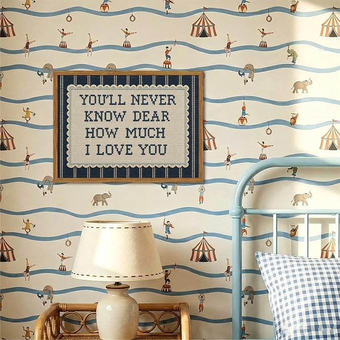 Framed You'll Never Know Dear How Much I Love You Wall Art, Vintage Nursery Blue Striped Pictures Wall Decor, Inspirational Quote Paintings Canvas Prints for Baby Boy Bedroom Living Room 12x16 inch