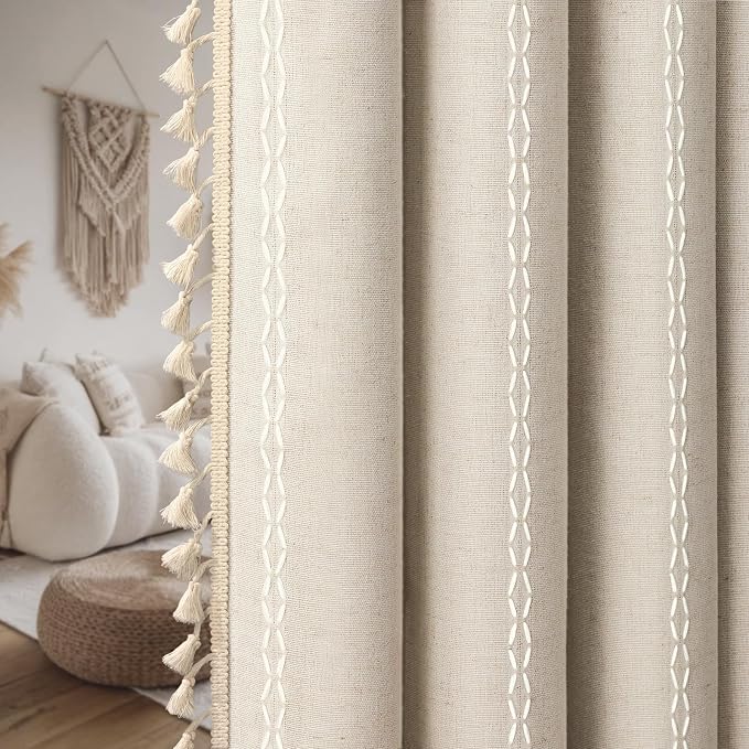 Boho 100% Blackout Curtains 63 Inch 2 Panels Linen Blend Beige | Vintage Farmhouse Rod Pocket, White Cotton Embroidery and Tassel, Bedroom, Living Room, Insulation and Room Darkening