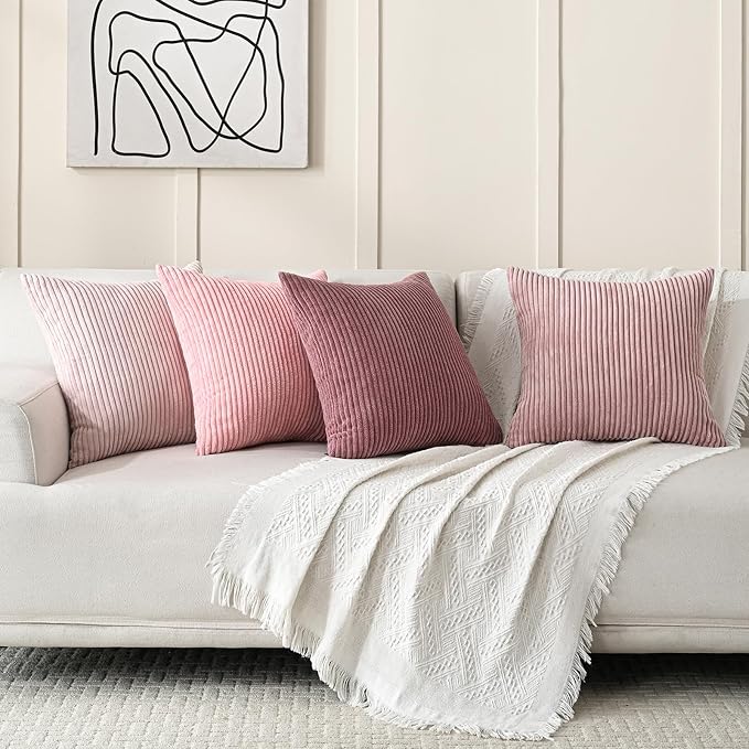 Volcanics Set of 4 Pink Corduroy Couch Throw Pillow Covers 18x18 in | Decorative Valentine's Day Farmhouse Striped Cushion Cases, Soft Boho Square Accent Pillow Covers for Home Sofa