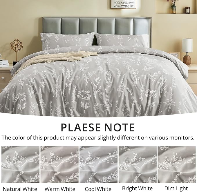 MUXHOMO Duvet Cover Full Size, Reversible Floral Silver Gray Duvet Cover Set with Zipper Closure, 3 Pieces Botanical Patterns Soft Microfiber Bedding Set with 4 Ties (80"x90", 2 Pillow Cases)
