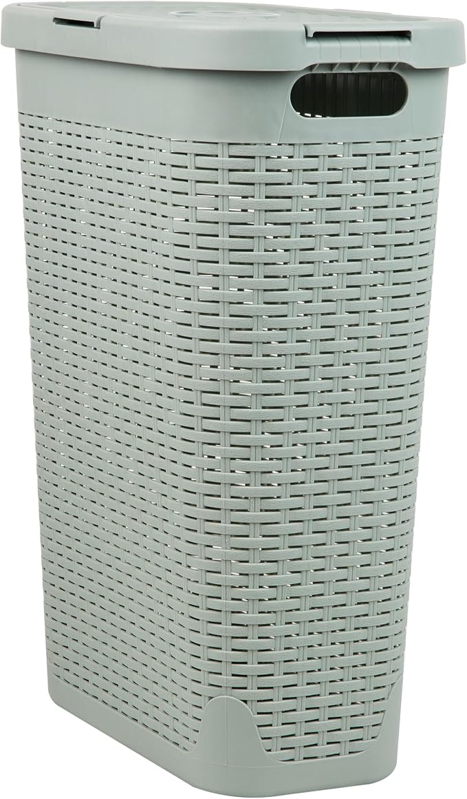 Mind Reader Slim Laundry Hamper with Lid, 40L Clothes Basket, Narrow Tapered Design with Ventilated Cutout Pattern, Plastic, Mint