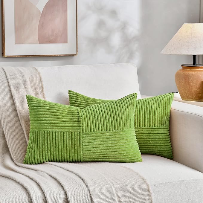 Fancy Homi Set of 2 Lime Green Lumbar Decorative Throw Pillow Covers 12x20 Inch for Living Room Bedroom Couch Bed Sofa, Soft Striped Corduroy Modern Rectangle Accent Cushion Case 30x50 cm