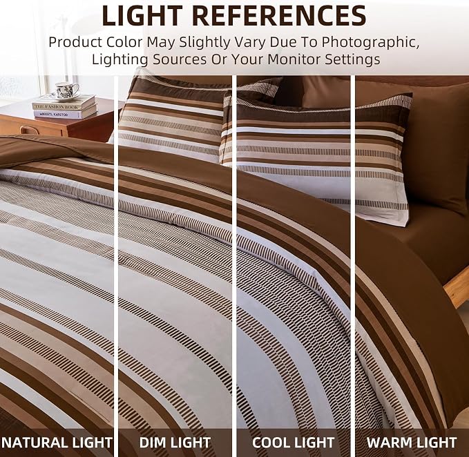 Dobuyly Fall Brown Comforter Queen Size 7 Pieces, Boho Striped Bed in a Bag Set, Soft Microfiber Bedding Set with Comforter, Sheets, Pillowcases & Shams