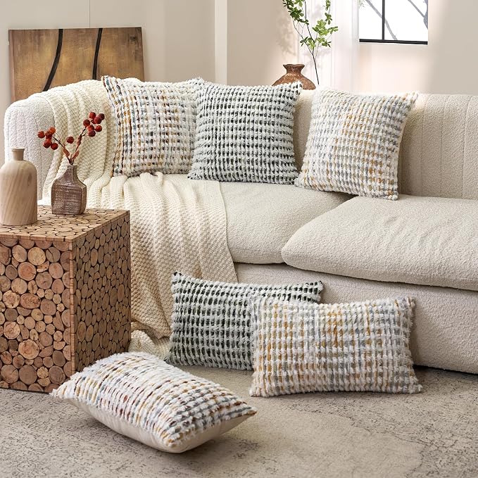Aeckself Boho Chenille Tufted Pillow Cover 20 x 20 Inch, Decorative Square Throw Pillow Cover Neutral Pillowcase for Couch Bedroom Living Room, Yellow White
