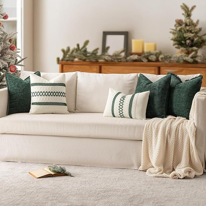 MIULEE Decorative Couch Throw Pillow Covers 18x18 in Christmas Green 2 Pack | Modern Boho Accent, Soft Chenille Pillow Covers, Farmhouse Cushion Cases for Home Decor Bed Sofa Living Room