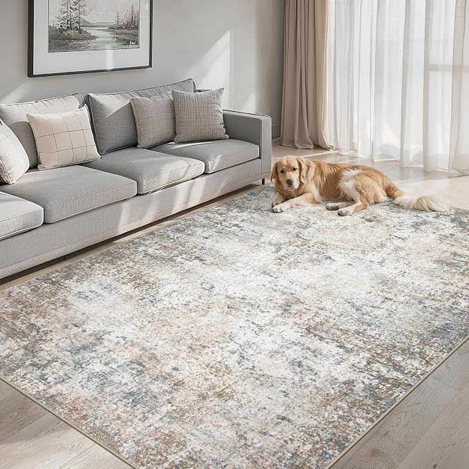 PLHXFR 10x14 Area Rug Living Room: Abstract Washable Carpet Brown Grey | For Bedroom Dining Room Farmhouse Nursery Home,Machine washable,Non Slip,Large Soft Neutral,Stain Resistant, Indoor Floor