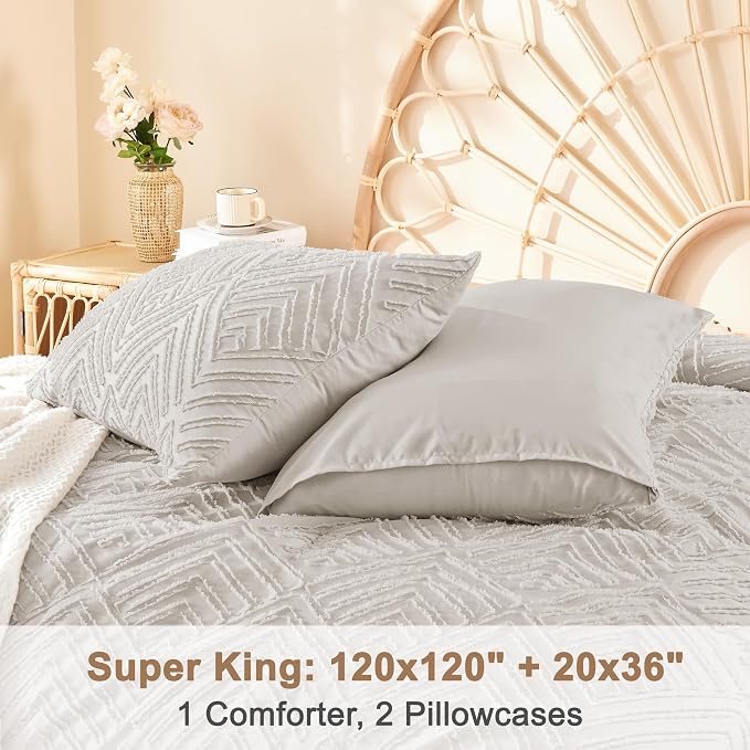 Litanika Super King Size Comforter Set, 3 Pcs Tufted Boho Bedding Set | Linen Grey Farmhouse Shabby Chic Vintage Bohemian Textured Aesthetic Soft Fluffy Lightweight Breathable All Season Bed Set