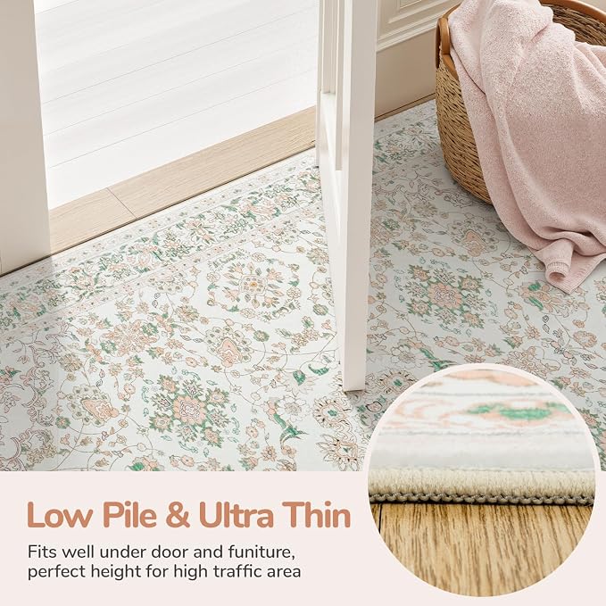 8x10 Area Rugs for Living Room,Large Washable Floral Carpet Pink | Durable Stain Resistant,Kid Pet Friendly,Compatible with All Vacuums,0.25inch Low Pile for Bedroom Dining Room Home Office