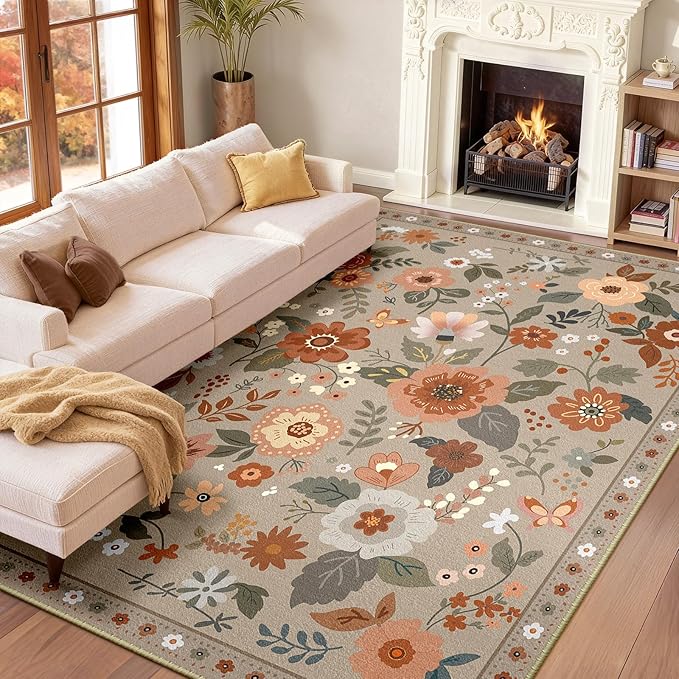 RELEANY Floral Washable 6x9 Area Rugs Brown/Brick | Flower Carpet, Print, Boho, Non-Slip, Easy to Clean, Soft, Low Pile for Living Room Bedroom Kitchen Office Entryway Hallway