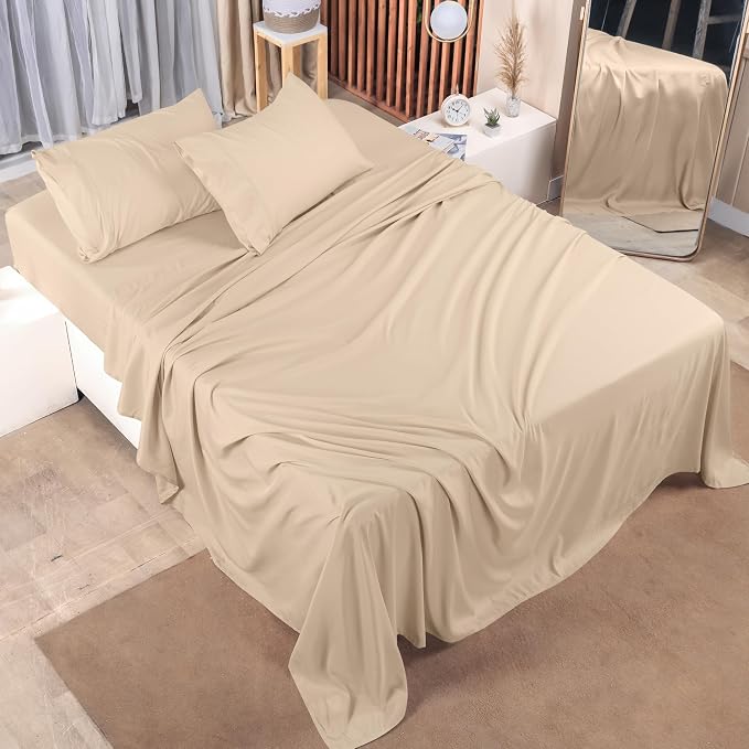 Queen Sheets Set, 4 Pieces 16" Deep Pocket Hotel Luxury Bed Sheets, Beige | Extra Soft Bedsheet Set, Comfy & Breathable Cooling Sheets, Wrinkle & Fade Resistant, Fitted Sheet, Flat Sheet, 2 Pillowcases