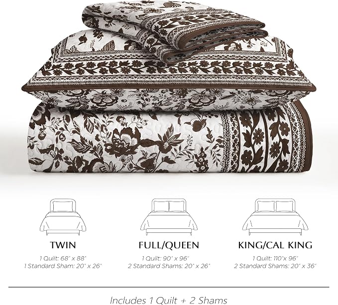 FLYMME Brown and White Vintage Floral Quilt Set Twin Size, 2-Piece Classic Reversible Bedspread Coverlet with 1 Pillow Sham, Lightweight Botanical Bedding Set for All Season