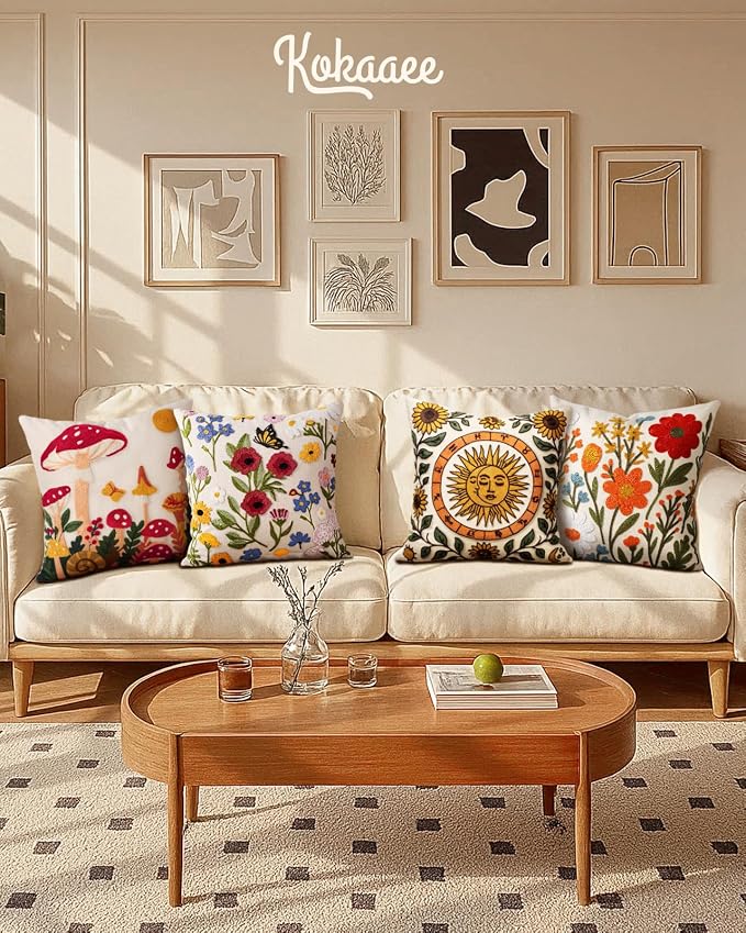 Embroidered Throw Pillow Cover 18x18 Inch - Spring Summer Boho Decorative Pillow Cover with Zipper for Living Room Couch Sofa Bed Aesthetic Design Little Cherry Cushion Pillowcase (Pack of 2)