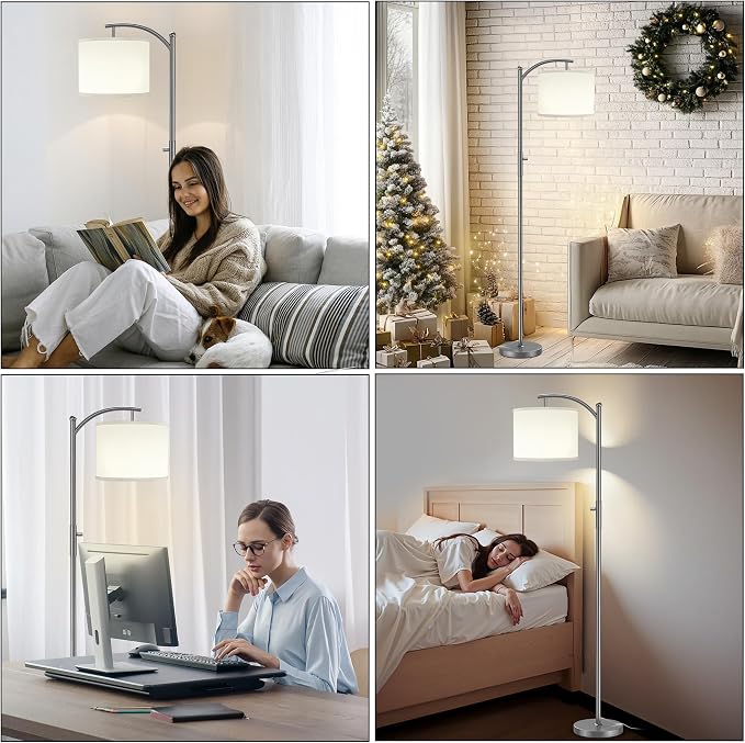 ROTTOGOON Dimmable Floor Lamp, Arc Floor Lamps for Living Room, Stepless Dimming Modern Standing Lamp with Linen Shade, Tall Lamp for Bedroom Office Dining Room- Grey