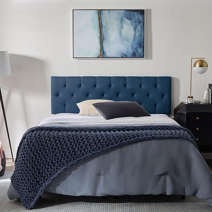 Lucid Mid-Rise Upholstered Headboard - Diamond Tufted - Padded Polyester - Adjustable Height from 34” to 46” - Easy Assembly - Bed Frame or Wall Mount - Sturdy - Cobalt - King / Cal King Size