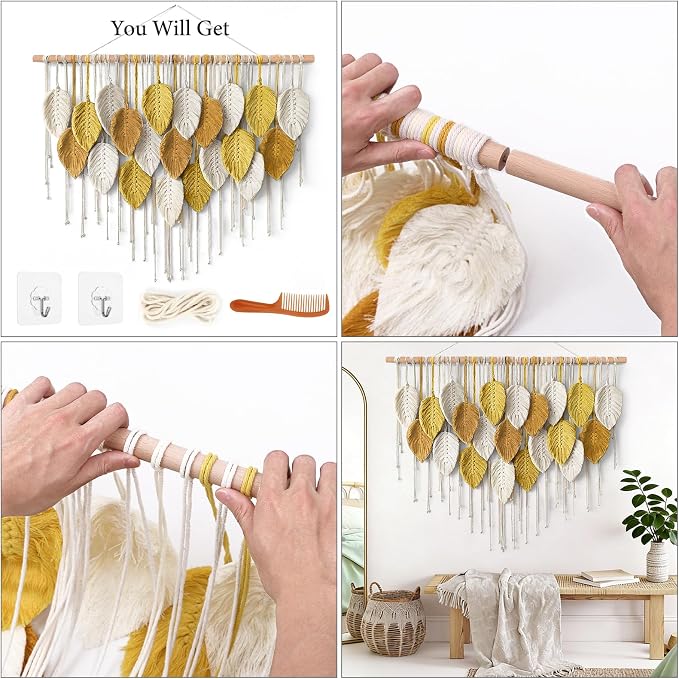 Large Macrame Wall Hanging Boho Woven Tapestry Bohemian Farmhouse Wall Art | KHOYIME Handmade Yellow Leaf Feather Chic Modern Home Decoration for Living Room Bedroom Nursery Dorm Backdrop 39"W X 29.5"L