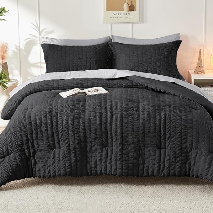 HYMOKEGE Black/Light Grey Oversized King Comforter Set Seersucker 7 Pieces, All Season Luxury Bed in a Bag for Bedroom, Bedding Set with Comforter, Sheets, Pillowcases & Shams