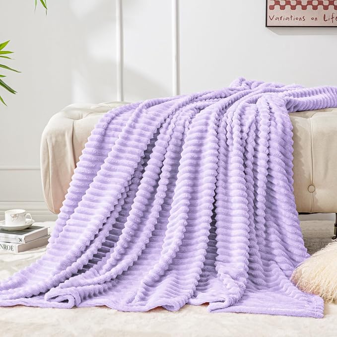 BEDELITE 3D Ribbed Pastel Lilac Fleece Throw Blanket for Couch, 50x60 Inch | Soft Warm Decorative Fluffy Blanket, Cozy Plush Lightweight Fuzzy Throw Blanket for Bed Sofa Home Room Decor, Gift for Women