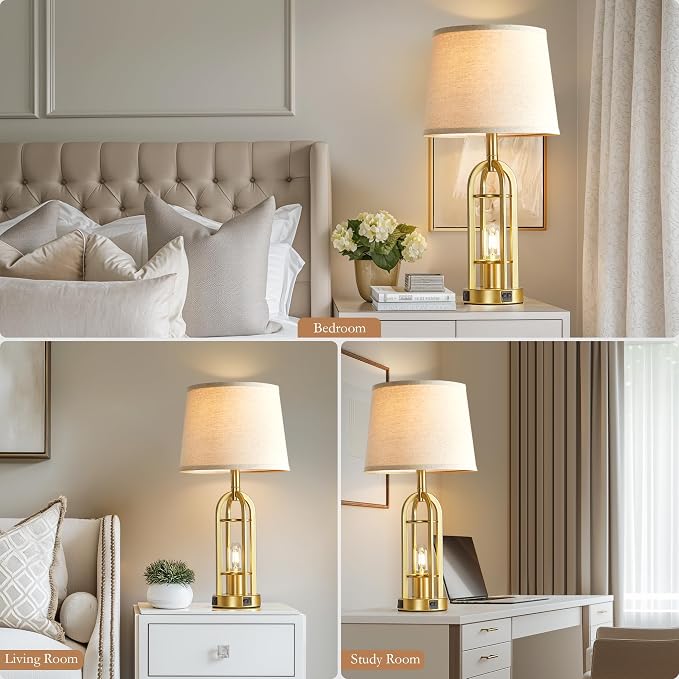 SRJJA Gold Table Lamps for Living Room Set of 2 - Modern Farmhouse Bedside Lamps for Bedroom Night Stands with Nightlight and USB A+C, Industrial Lamp for Living Room End Tables