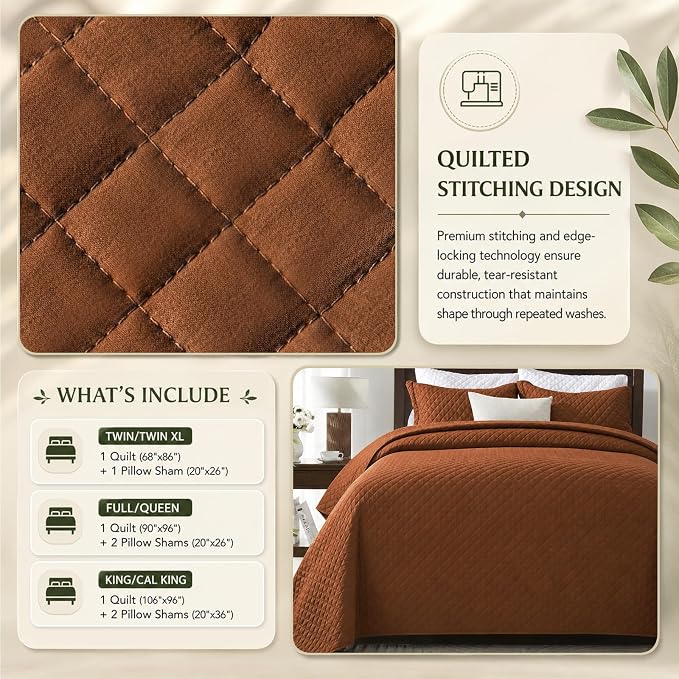SunStyle Home King Quilt Bedding Set, Lightweight Bedspreads,Brunt Orange | Soft Coverlet With 2 Pillow Shams,Morden Style Quilts for All Season,Suitable for Bed,Couch,Bedroom,Guest Room,106"X96"