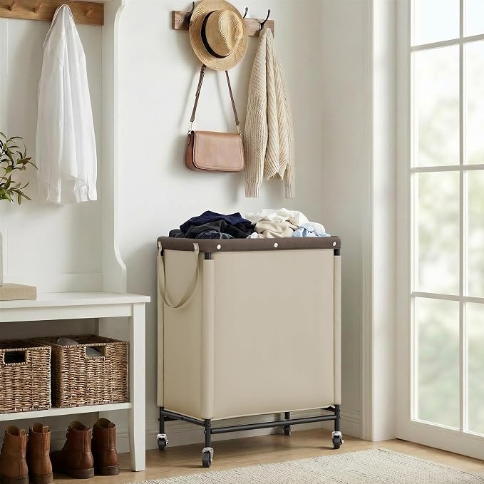 StorageWorks 2 Section Laundry Hamper, 100L Tan Sorter Cart with Wheels | 2 Section Laundry Hamper with Wheels, Tan Sorter Cart, Rolling Organizer for Bedroom, Bathroom, Apartment