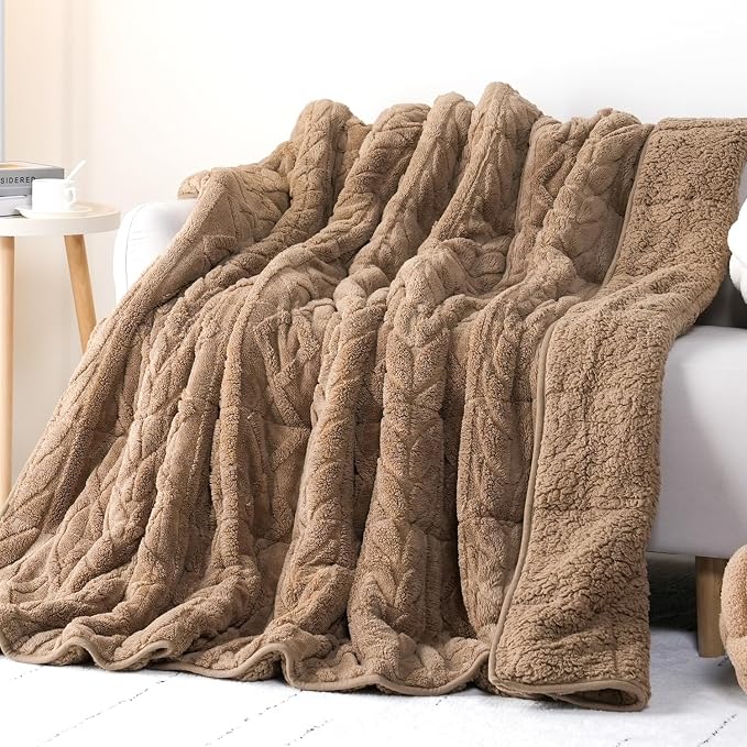 Cottonblue Jacquard Sherpa Weighted Blanket 10lbs for Adults Twin/Full Size | Ultra Soft Cozy Fleece Blanket Weighted Blankets 48x72 in for Calm Sleep Relax, Fuzzy Bed Sofa Heavy Blanket Throw, Khaki