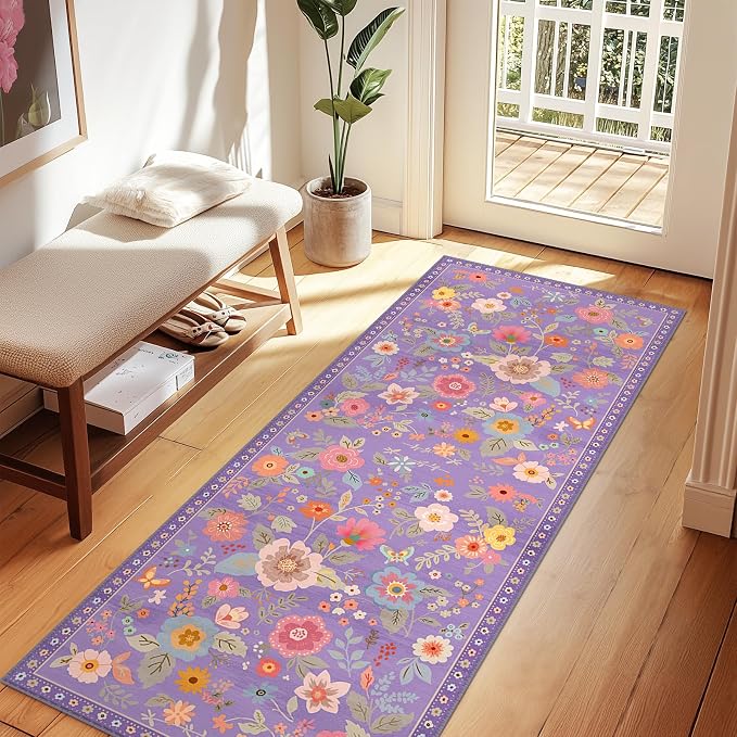 Floral Washable 2x5 Area Rugs Runner Entryway Hallway Purple/Pink | Flower Carpet, Print, Boho, Non-Slip, Easy to Clean, Low Pile, Soft, for Living Room Bedroom Kitchen Office Entrance